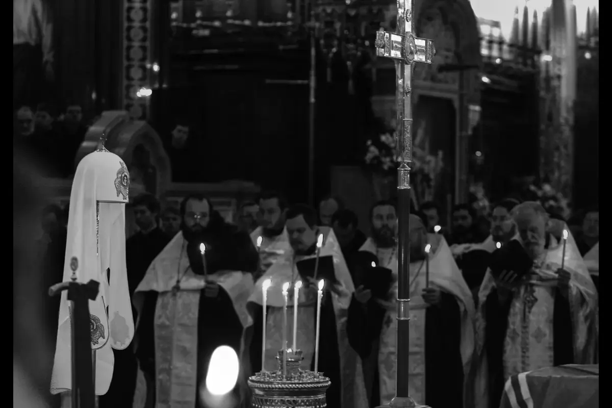 During the funeral service for Patriarch Alexy II at the Cathedral of Christ the Saviour.